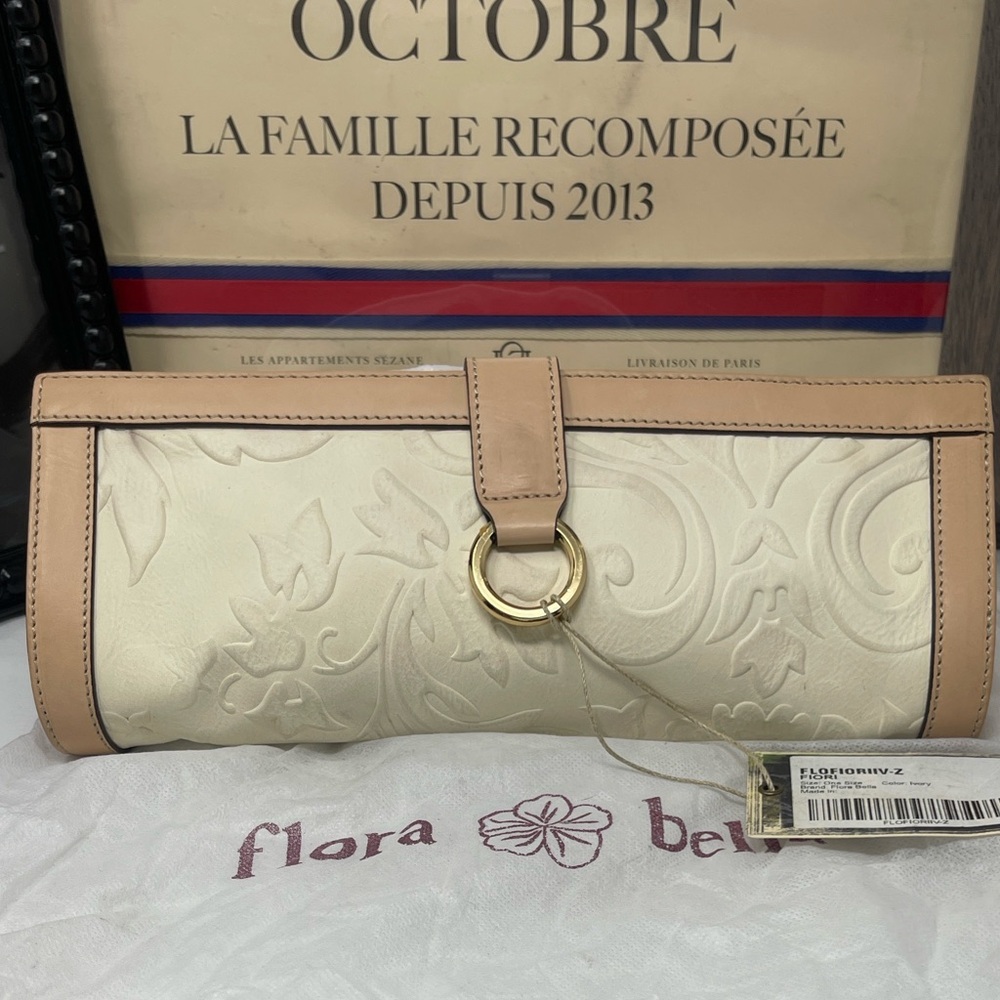 Flora Bella Beige and Cream Embossed leather Clutch